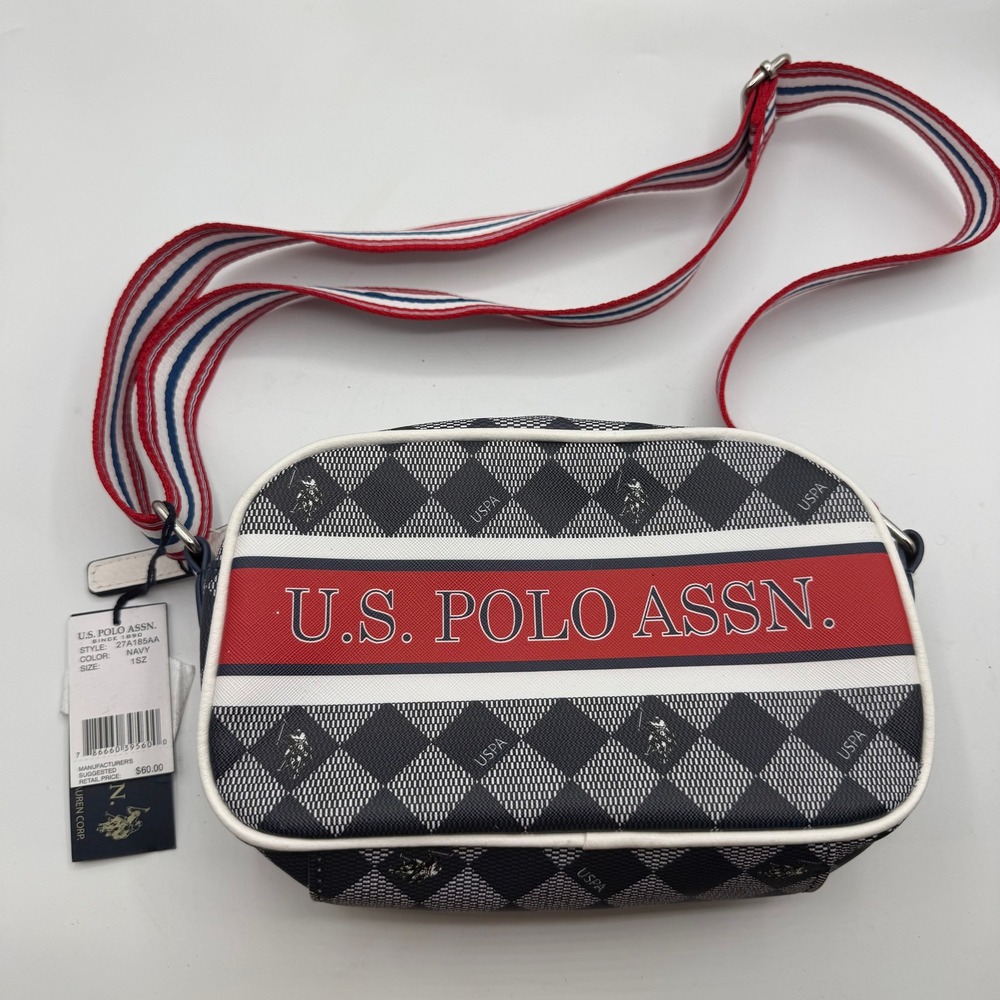 US Polo Assn Crossbody Bag Navy White‎ Plaid Logo Strap Zipper Top New w/ Tags